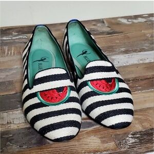Blue Bird Striped Watermelon Embroidered Flats Size 6B Womens